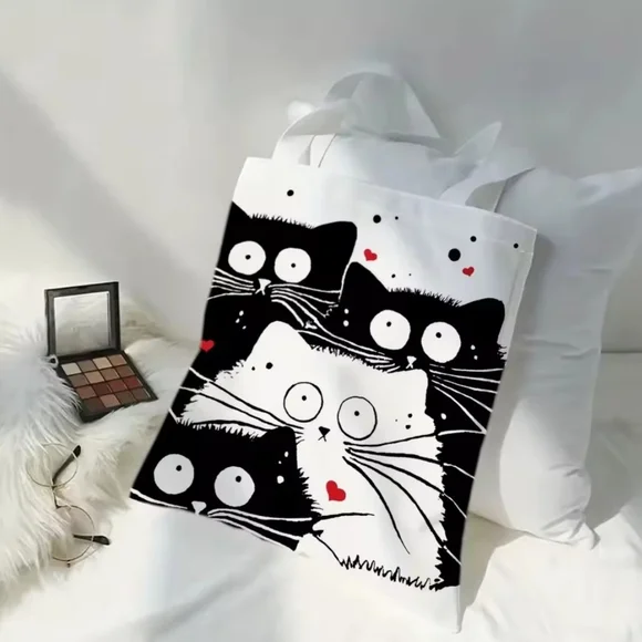 Cat Print Tote Bag - Black and White - Picture 2 of 4